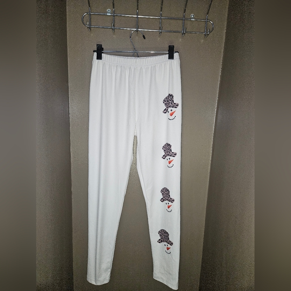 Snowman Print Fleece Lined Leggings Womens Med Winter Graphic Cozy Stretch Pants - Picture 2 of 9